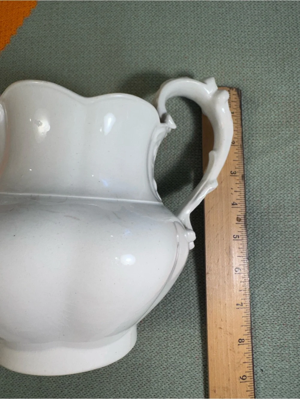 Antique White Ironstone Ice Lip Pitcher Scalloped Ceramic Jug Built-in strainer